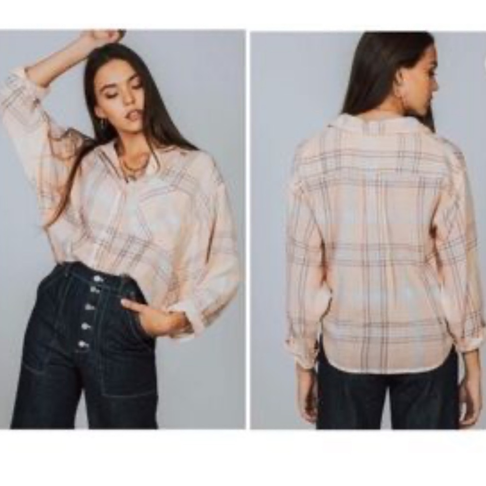 Free People NWT womans peach plaid oversized button down top size S